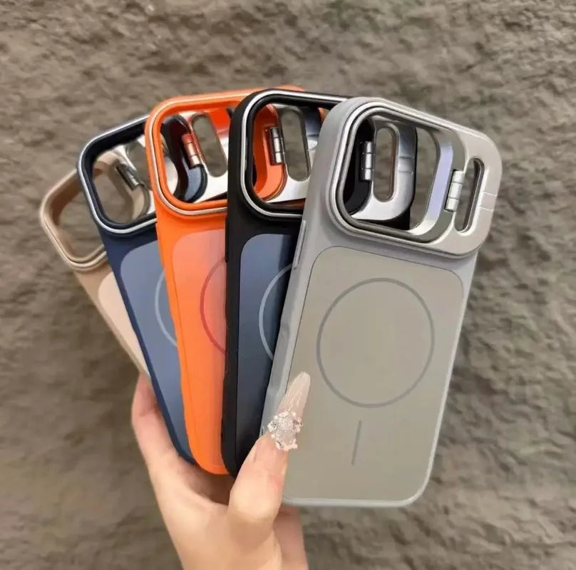 Fold Lens Stand Holder Bracket AG Matte Magnetic Case For iPhone 17 16 15 14 13 12/11 Pro Max For Magsafe Silicone Bumper Cover