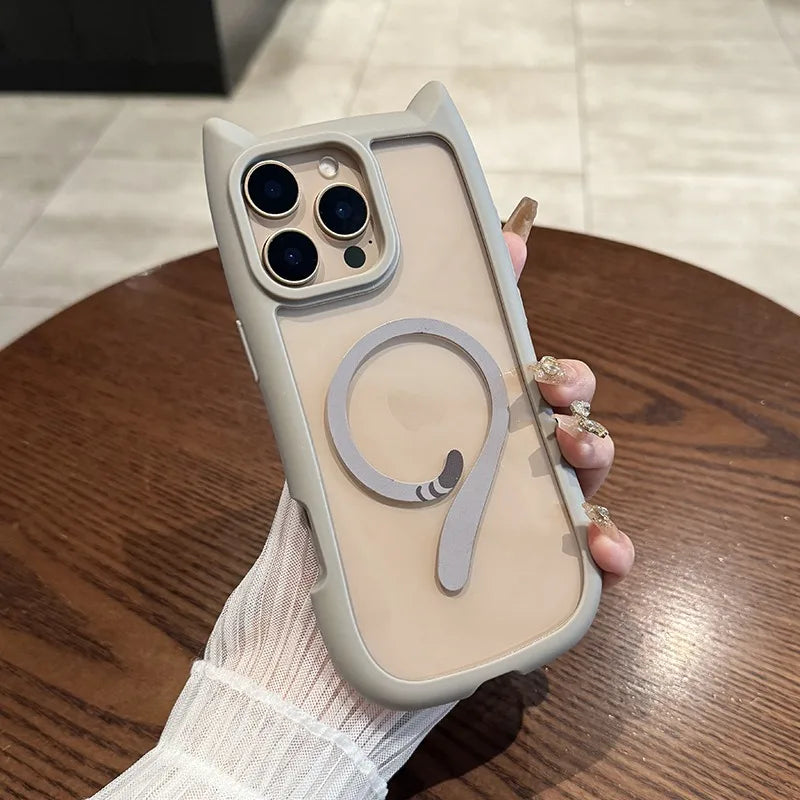 Ins Cute Cat Tail for Magsafe Phone Case For iPhone 17 16 15 14 13 12 Pro Max Air Plus Cat Ear Transparent Shockproof PC Cover