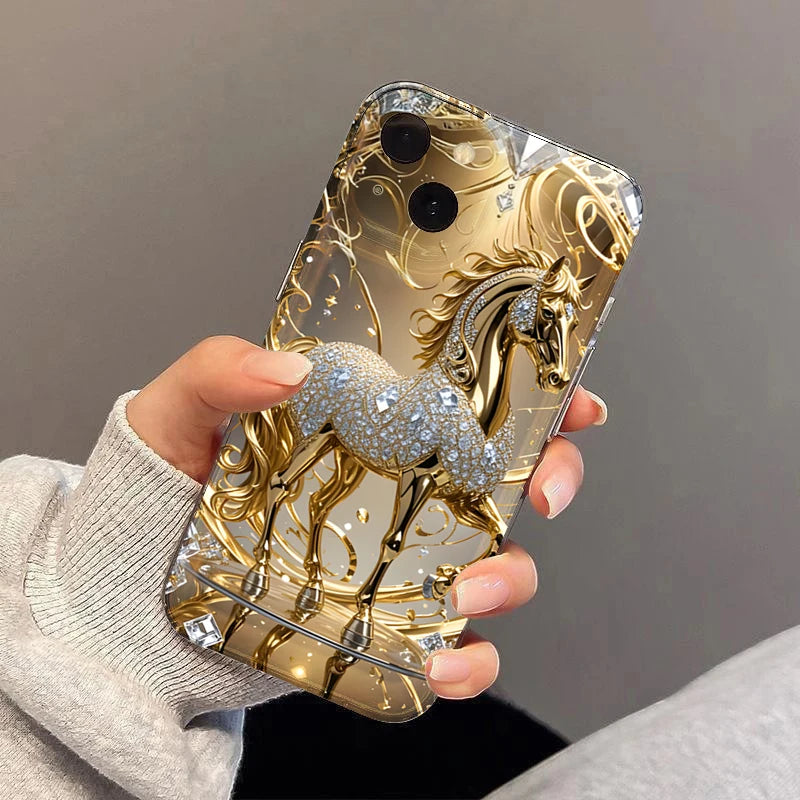 Golden Horse Diamond Printed Phone Case For iPhone 17 16 15 14 Plus Pro Max 12 11 13 X XS XR 7 8 Plus 16E 17Air Soft Clear Cover