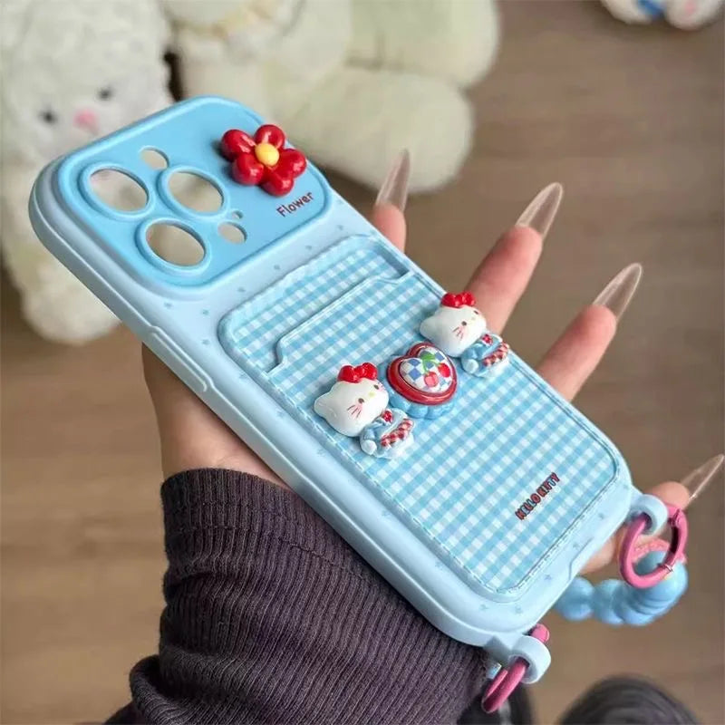 3D Toy Blue Hello Kitty Case for iPhone 17 Pro Max 16 15 Plus 14 Pro 13 12 11 Card Holder Cartoon Phone Cover With Bead Lanyard