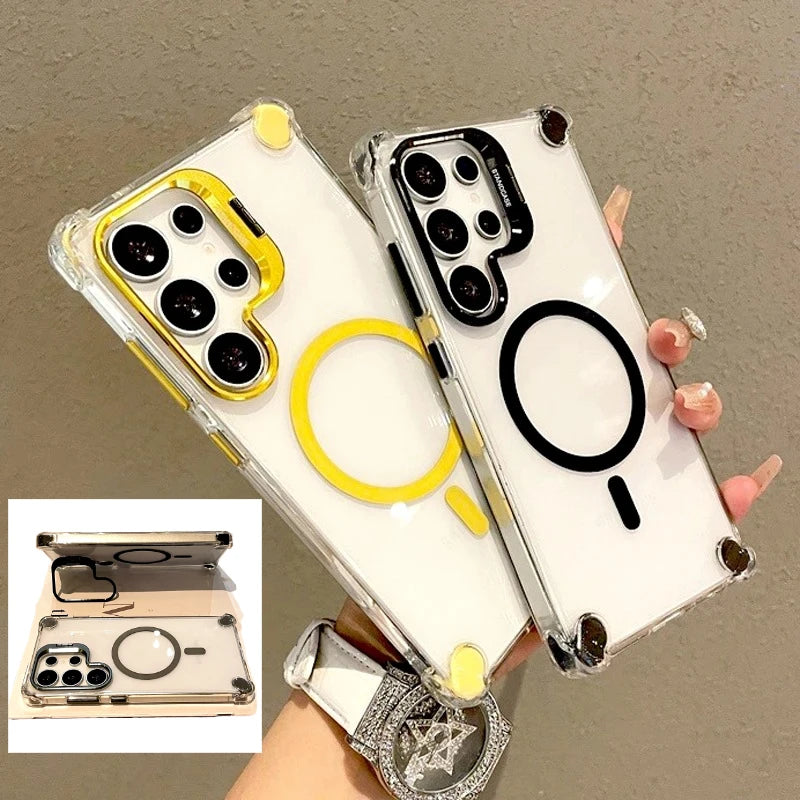 Luxury Transparent Case For Samsung Galaxy A56 A36 A16 A17 A26 S25 S24 S23 Ultra Plus FE For Magsafe Wireless Charge Stand Cover