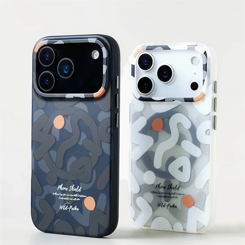 For MagSafe Geometric Graffiti Phone Case for iPhone 17 16 15 14 13 Pro Max Air Magnetic Wireless Charging Hard Shockproof Cover