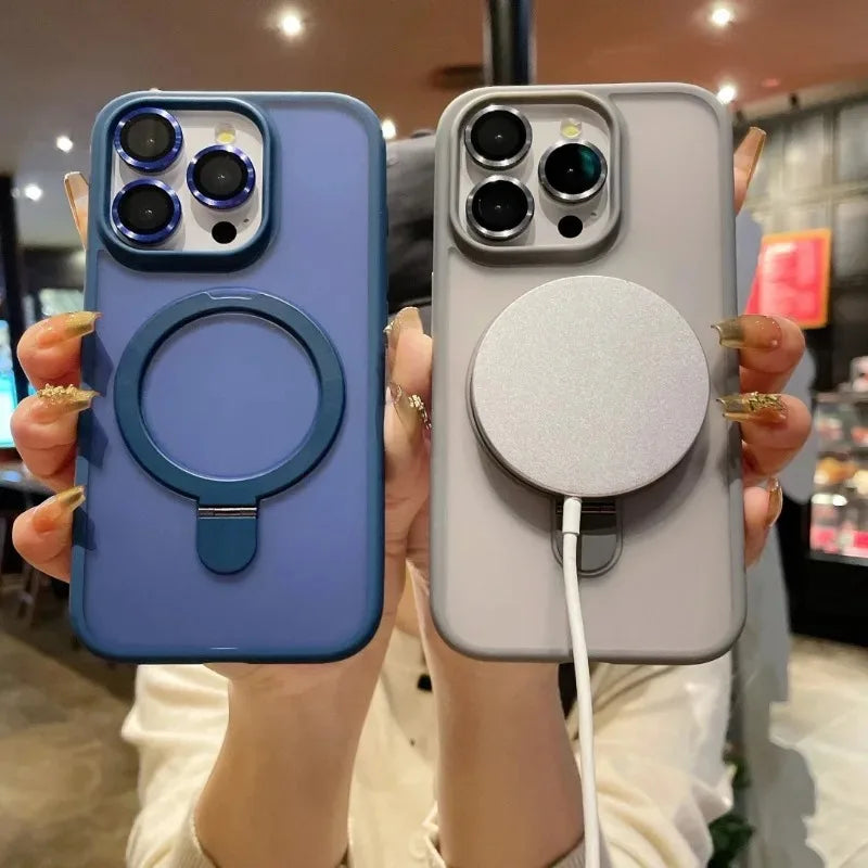 Matte Ring Holder Glass Lens Phone Case For iPhone 16 17 15 14 13 12 11 Pro Max For Magsafe Wireless Magnetic Hard Bumper Cover