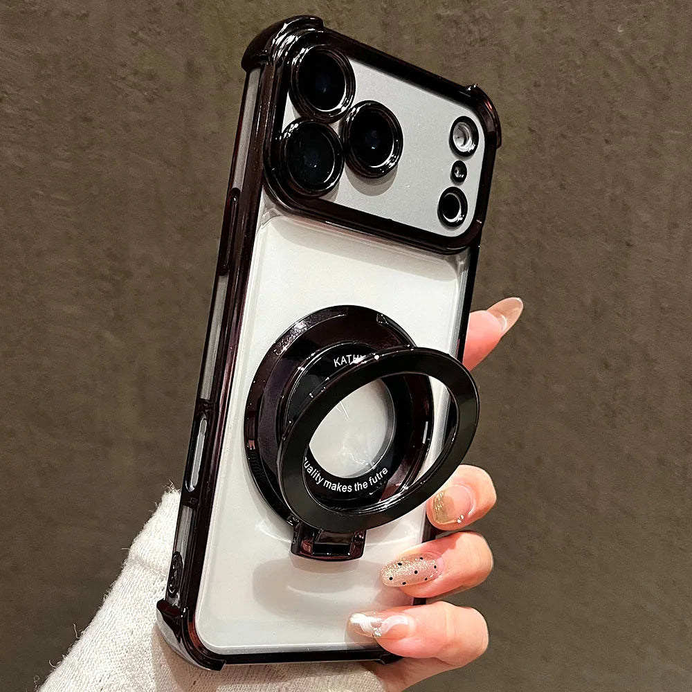 Premium Transparent Magnetic TPU Case for iPhone 17 16 15 14 13 12 11 Pro Max 16Plus Air With Ring Stand Plated Clear Soft Cover