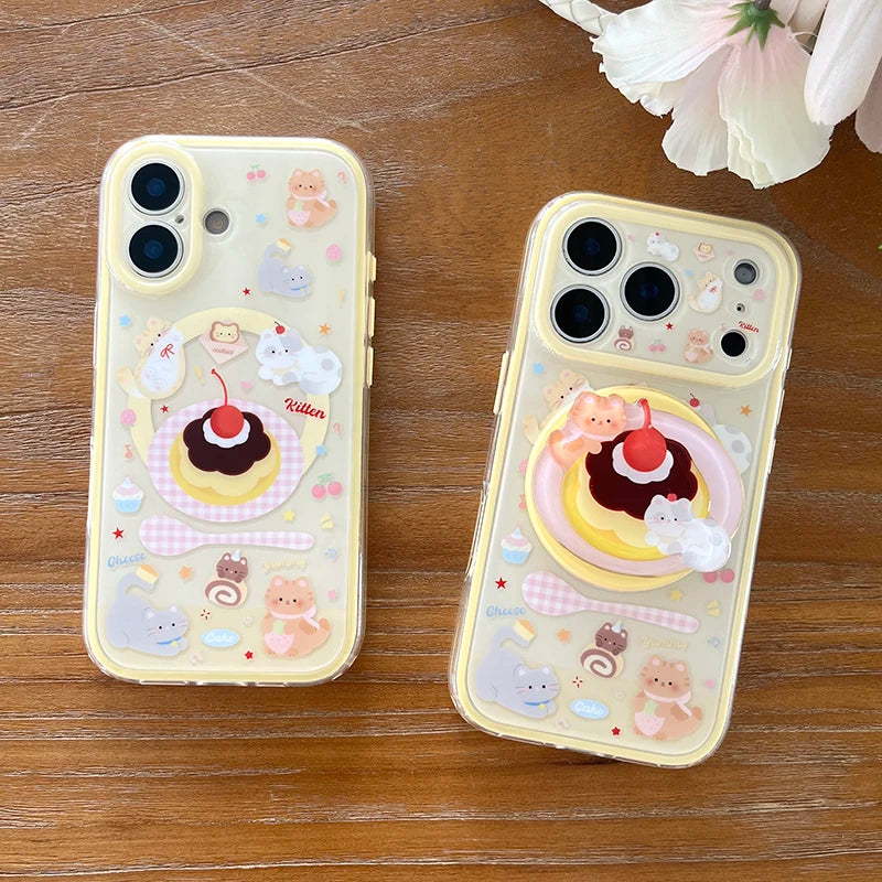 Korean Cute Cake Cat Magnetic Phone Case For iPhone 17 Pro 16 15 Pro Max Cover with Magsafe Stand Holder Shockproof Kawaii Cases