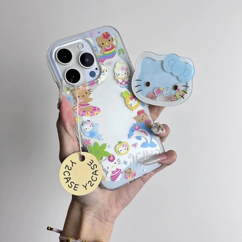 For iPhone 17 Pro 16E 16 13 12 mini 11 14 15 Pro Max Cute Hello Kitty Cartoon Shakeable Grip Tok Holder Transparent Phone Case