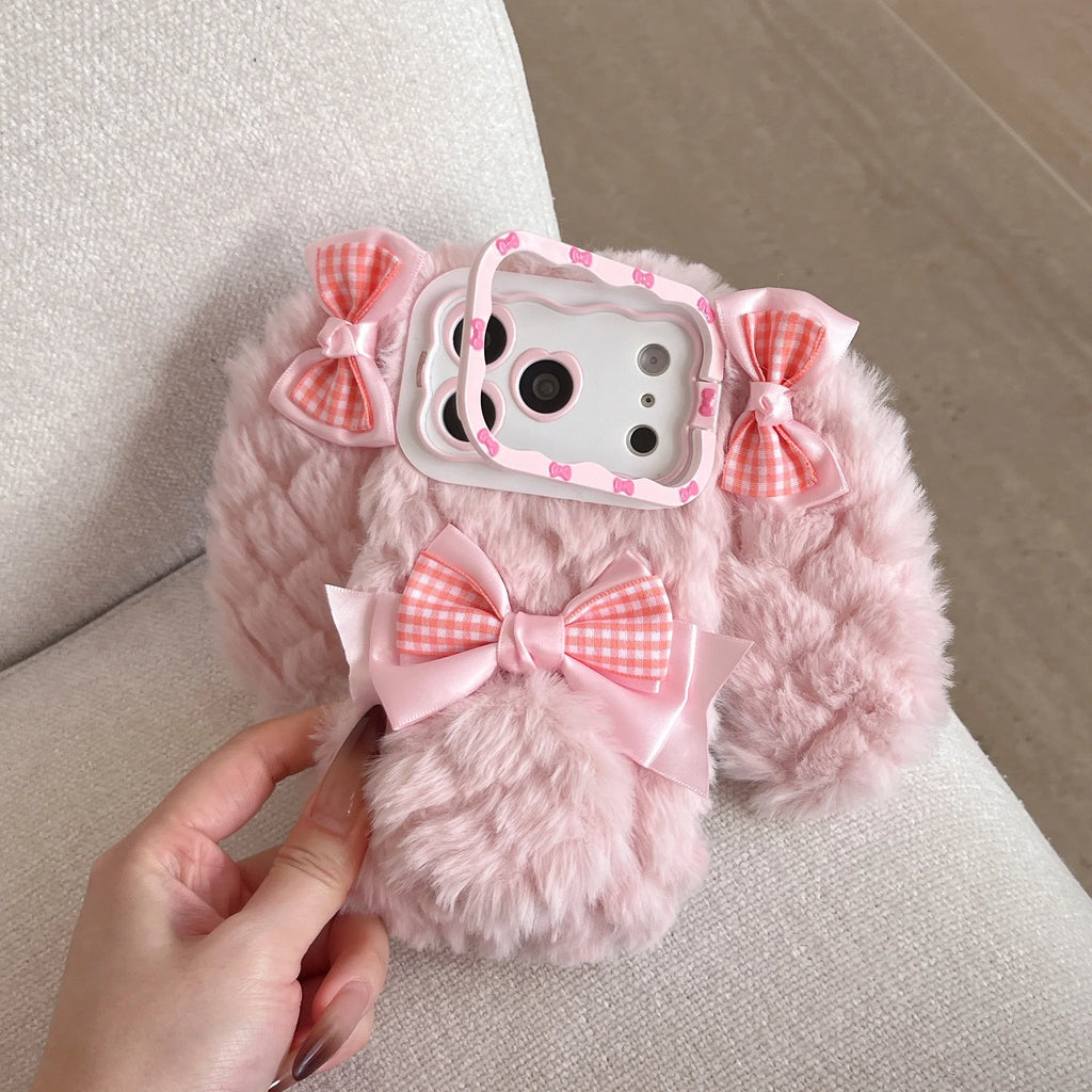 Bunny Rabbit Plush Phone Case with Butterfly Knot Design For iPhone 17 pro Max 16pro 15plus 14 13 Protective Cover
