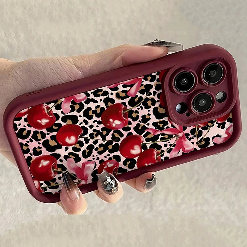 Butterfly Leopard Cherry Pattern Shockproof Silicone Phone Case For iPhone 17 16 Pro Max XS XR 7 8 14 15 Plus 13 12 11 16e Cover