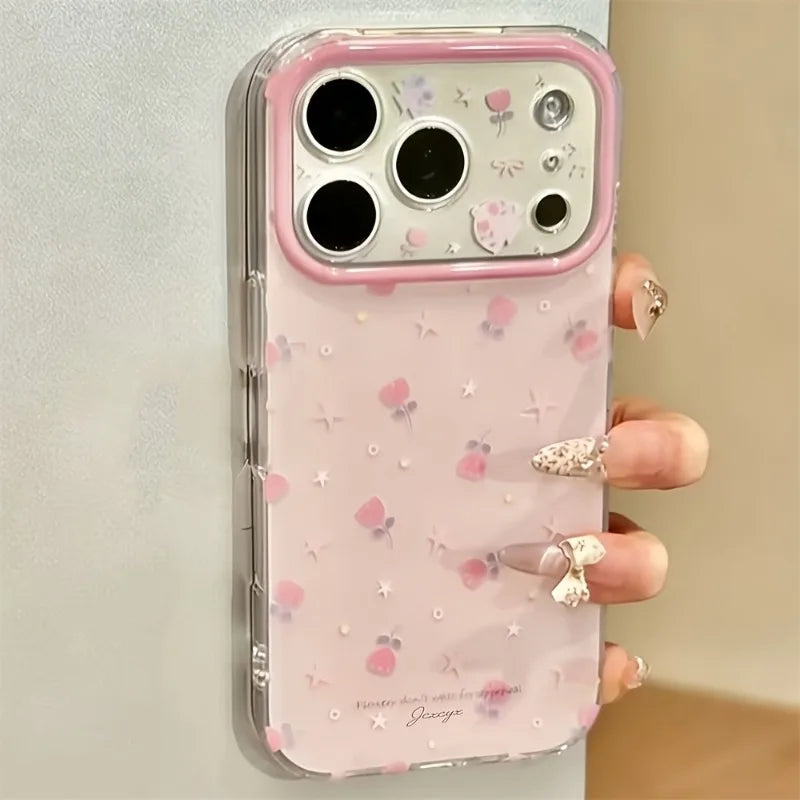 Cute Pink Rose Flowers Stars Pattern Phone Case For iPhone 17 16 Pro 15 14 13 12 11 Pro Max Shockproof Protection Back Cover