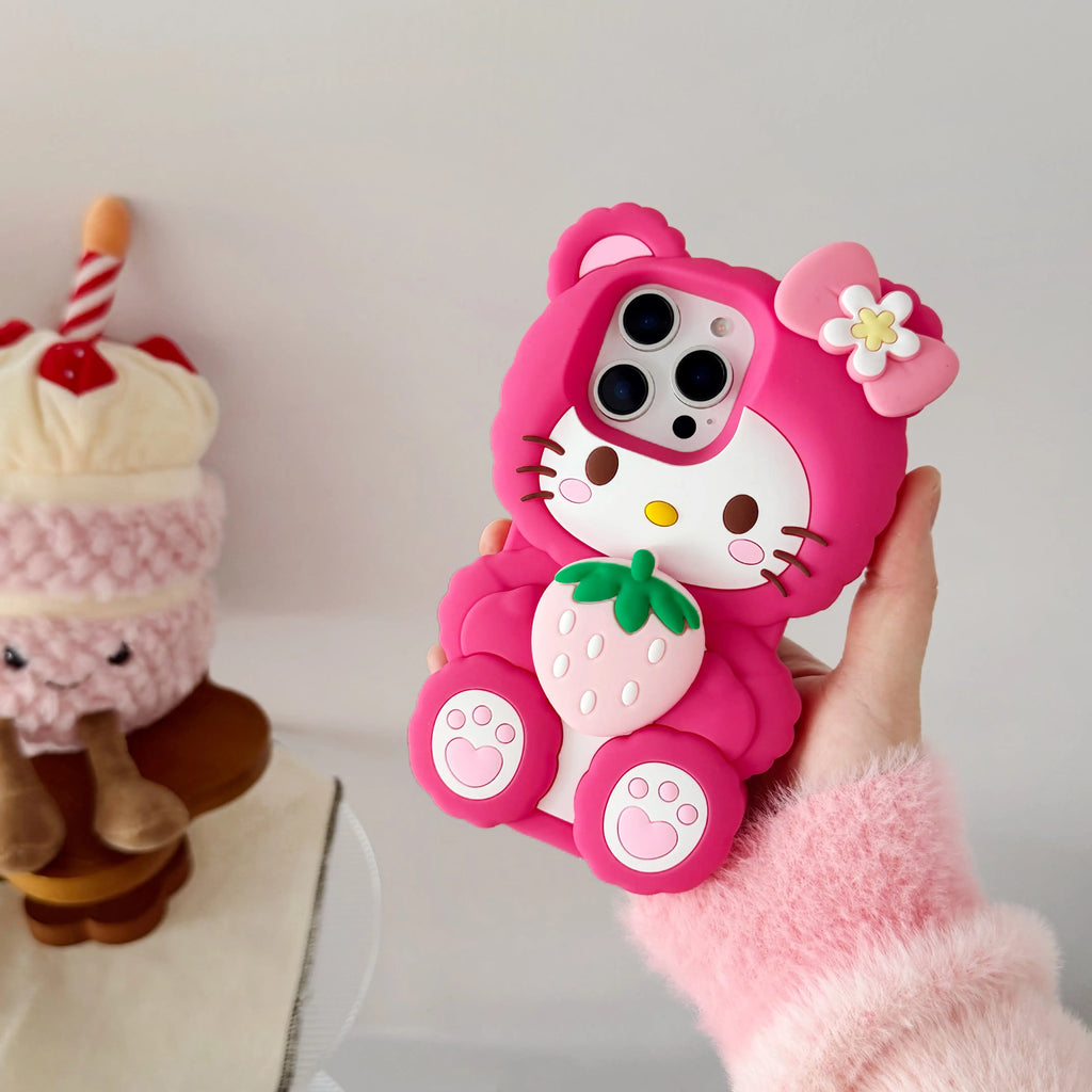 Cute 3D Hug Strawberry Hello Kitty Case For iPhone 15 14 13 16 17 Pro Max 16 Plus Standable Soft Silicone Shockproof Phone Cover