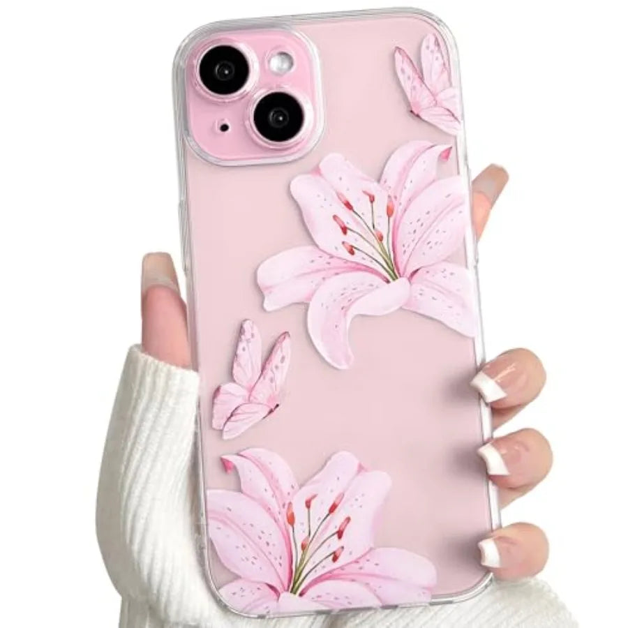 Compatible with iPhone 15 Case Clear Cute Butterfly Lily Flower Floral Pattern for Women Girls Full Camera Lens Clear Slim Shoc