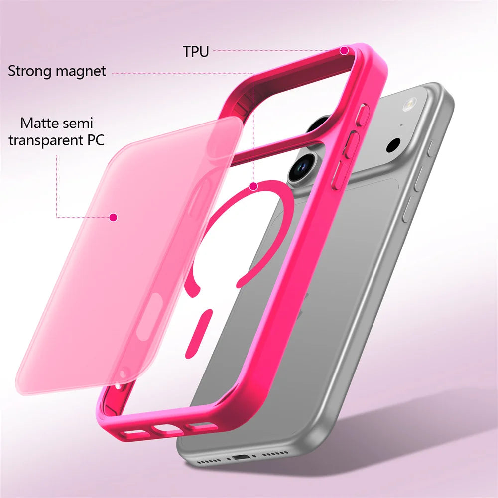 Magnetic Luxury Matte Translucent Armor Shockproof Case For iPhone 17 16 15 14 13 Pro Max 17Pro For Magsafe Wireless Charge Caps