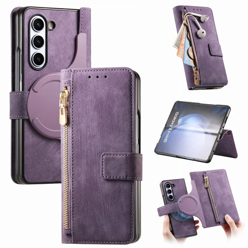 2 in 1 Detachable Zipper Cards Solt Wallet Phone Case for Samsung Galaxy Z Fold 7 6 5 4 3 Fold7 Fold6 Fold5 Fold4 Leather Cover