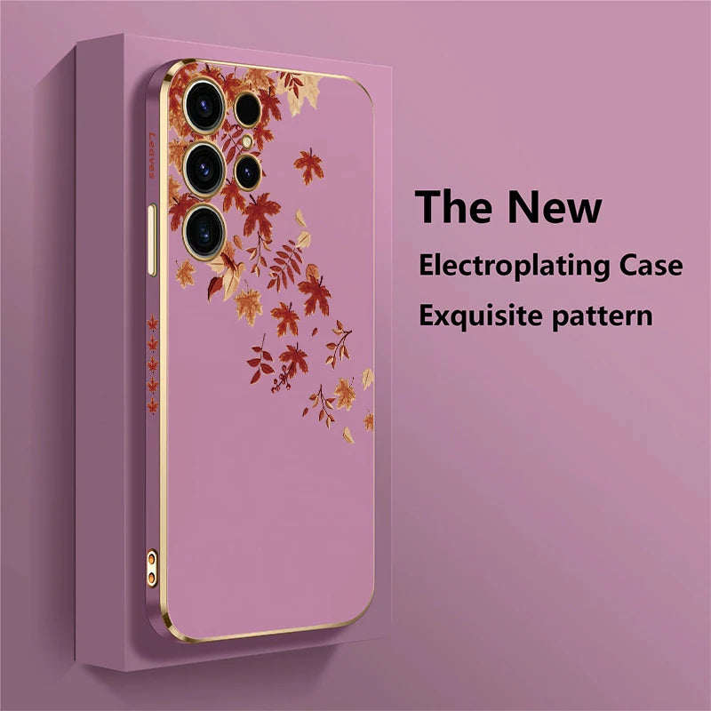 Case For Samsung Galaxy S25 S 25 Ultra S23 FE S24 S 24 5G S22 Plus S21 FE Luxury Silicone Plating Leaves Pattern Cover