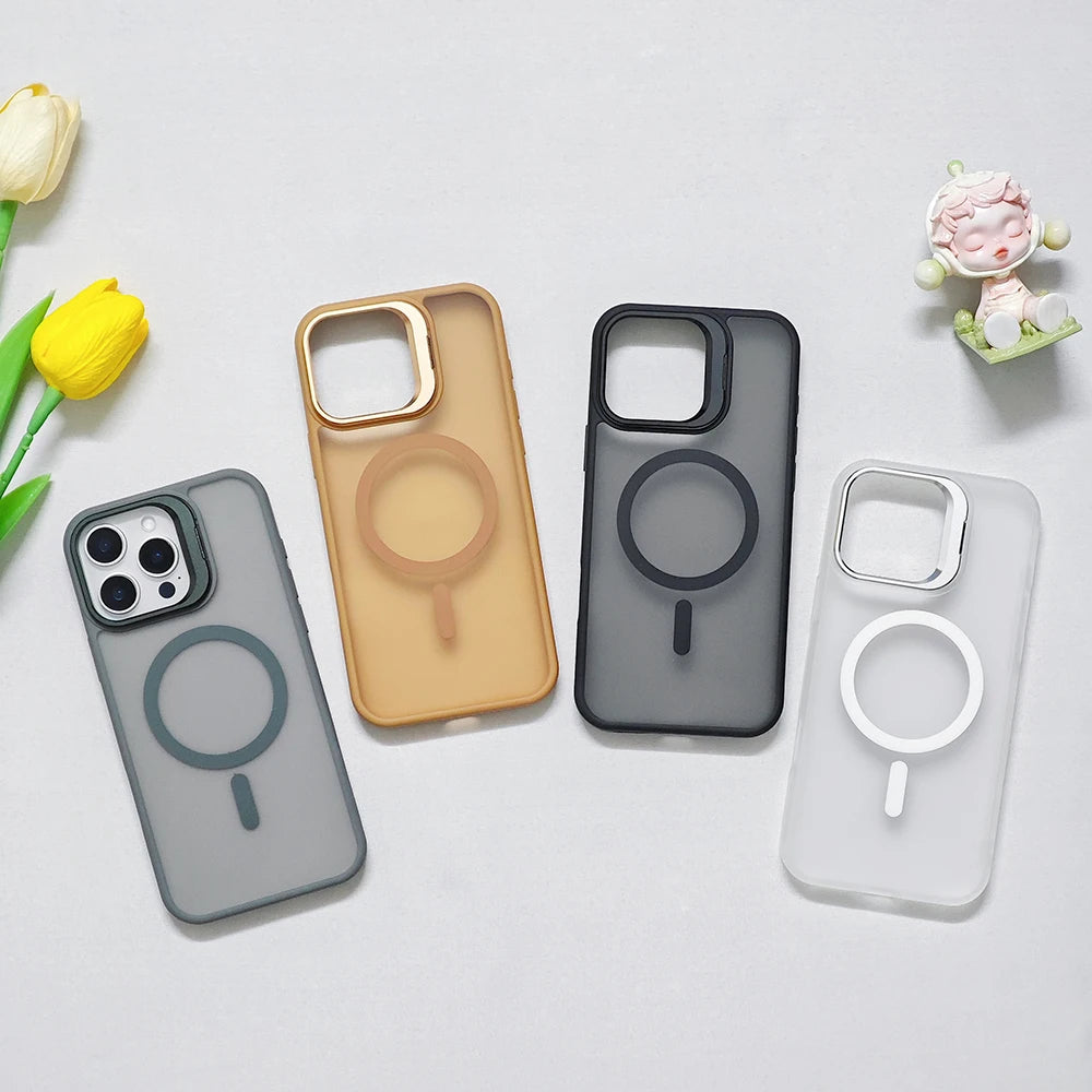 Metal Camera Folding Stand Magnetic Matte Cover For iPhone 16 13 12 Mini 11 14 15 Pro Max 16 Plus Translucent For Magsafe Case