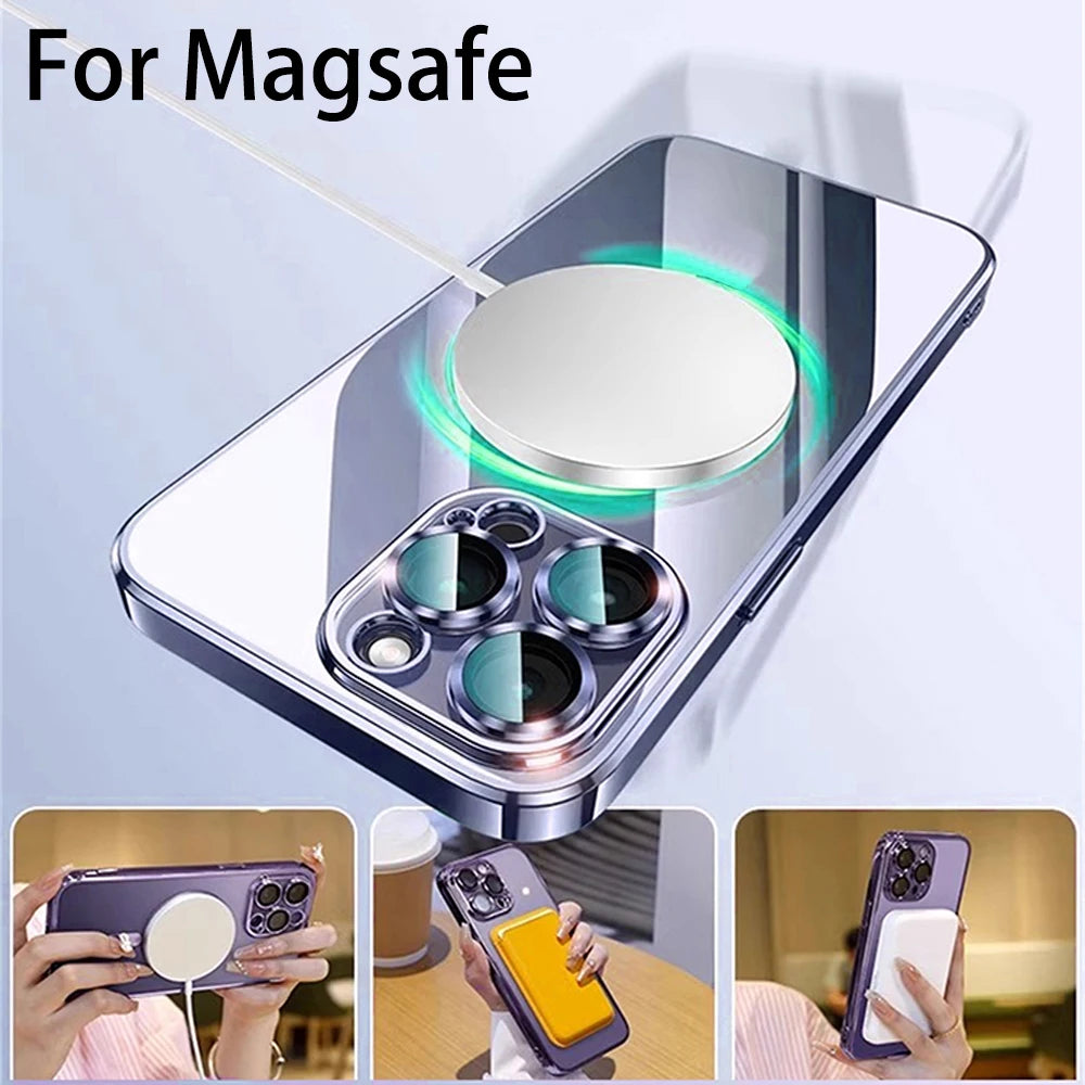 Luxury Wireless Magnetic Cover For Apple Original Magsafe Case Iphone 16 15 13 12 11 Pro Max 14 Plus Plating Clear Lens Protecto