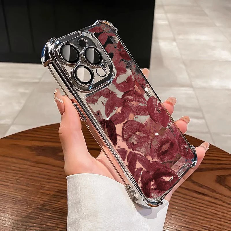 Trendy Retro Wine Red Lip Print Case For Samsung Galaxy S25 FE S26 Edge S24 S22 S23 S21 Plus S20 Ultra Plating Airbag Soft Cover