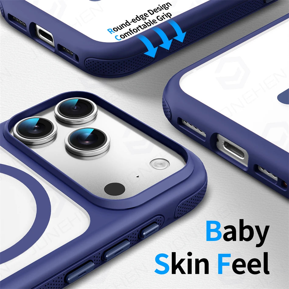 For Magsafe Skin Feel Transparent Phone Case For iPhone 17 16 15 Plus 14 13 12 Pro Max Air Metal Buttons Siliconen Bumper Cover