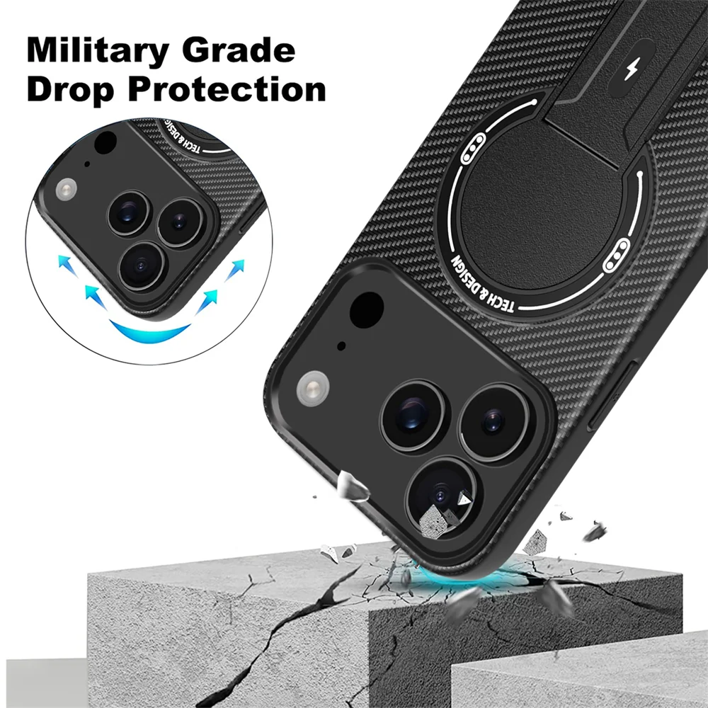 Luxury Carbon Fiber Pattern Fold Stand Magnetic Phone Case For iPhone 16 17 Pro Max Air 16e 15 14 Plus 13 12 11 Military Cover