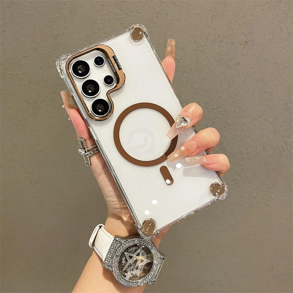Luxury Transparent Case For Samsung Galaxy S25 Plus S24 S23 S26 Ultra Shockproof Frame Stand Armor Silicone Cover For Magsafe