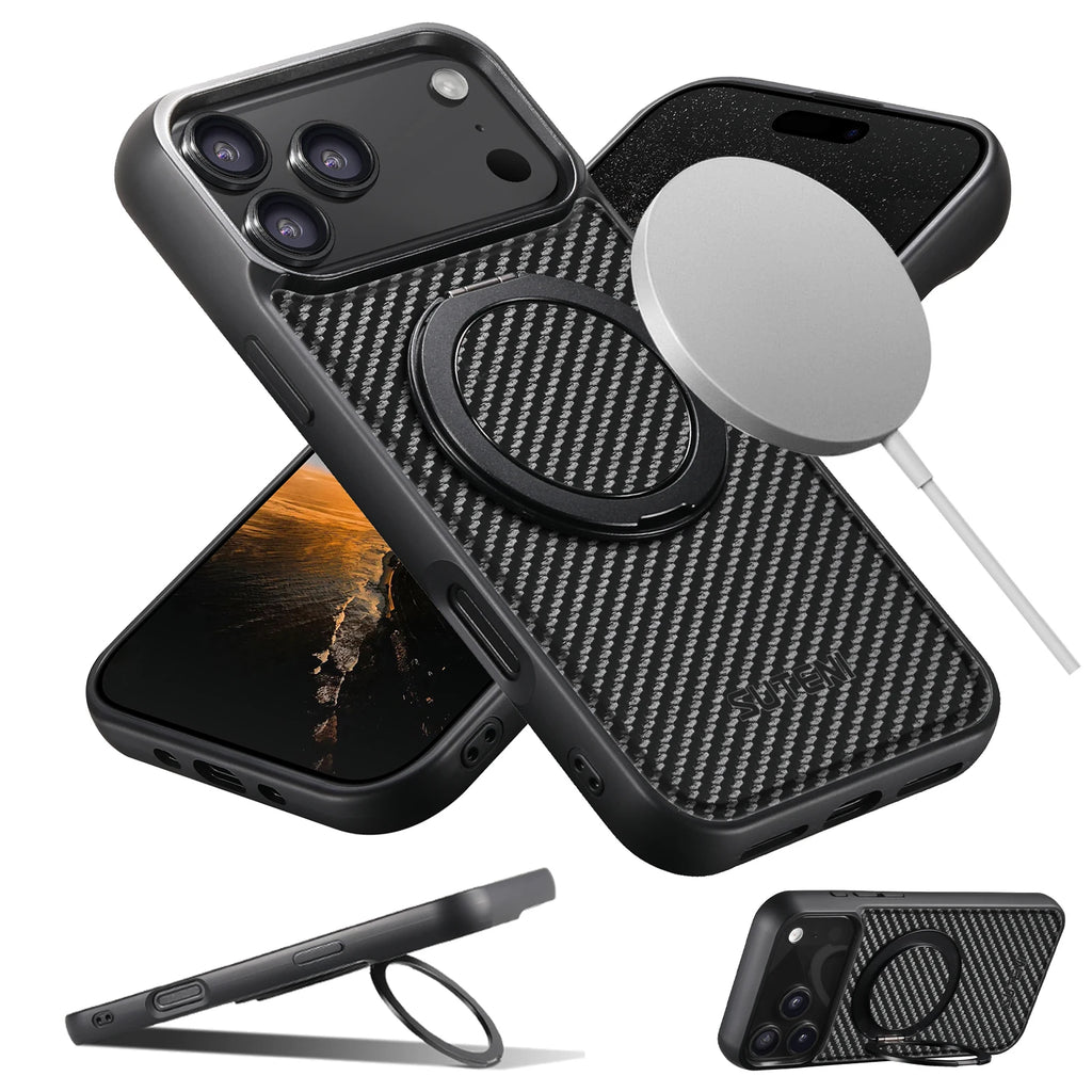 SUTENI Magnet Wireless Charging Mobile Phone Case 360° Rotating Stand Faux Leather Ring Buckle For iPhone 17 Pro Max 16 Plus 15