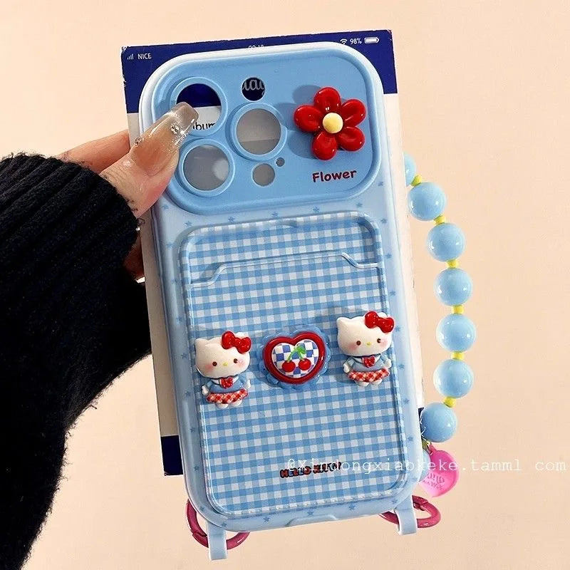 3D Toy Blue Hello Kitty Case for iPhone 17 Pro Max 16 15 Plus 14 Pro 13 12 11 Card Holder Cartoon Phone Cover With Bead Lanyard