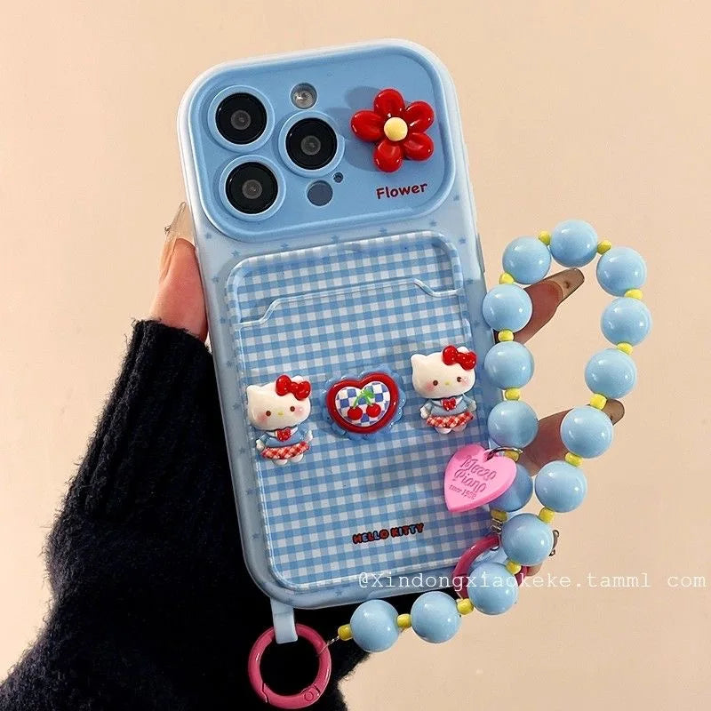 3D Toy Blue Hello Kitty Case for iPhone 17 Pro Max 16 15 Plus 14 Pro 13 12 11 Card Holder Cartoon Phone Cover With Bead Lanyard