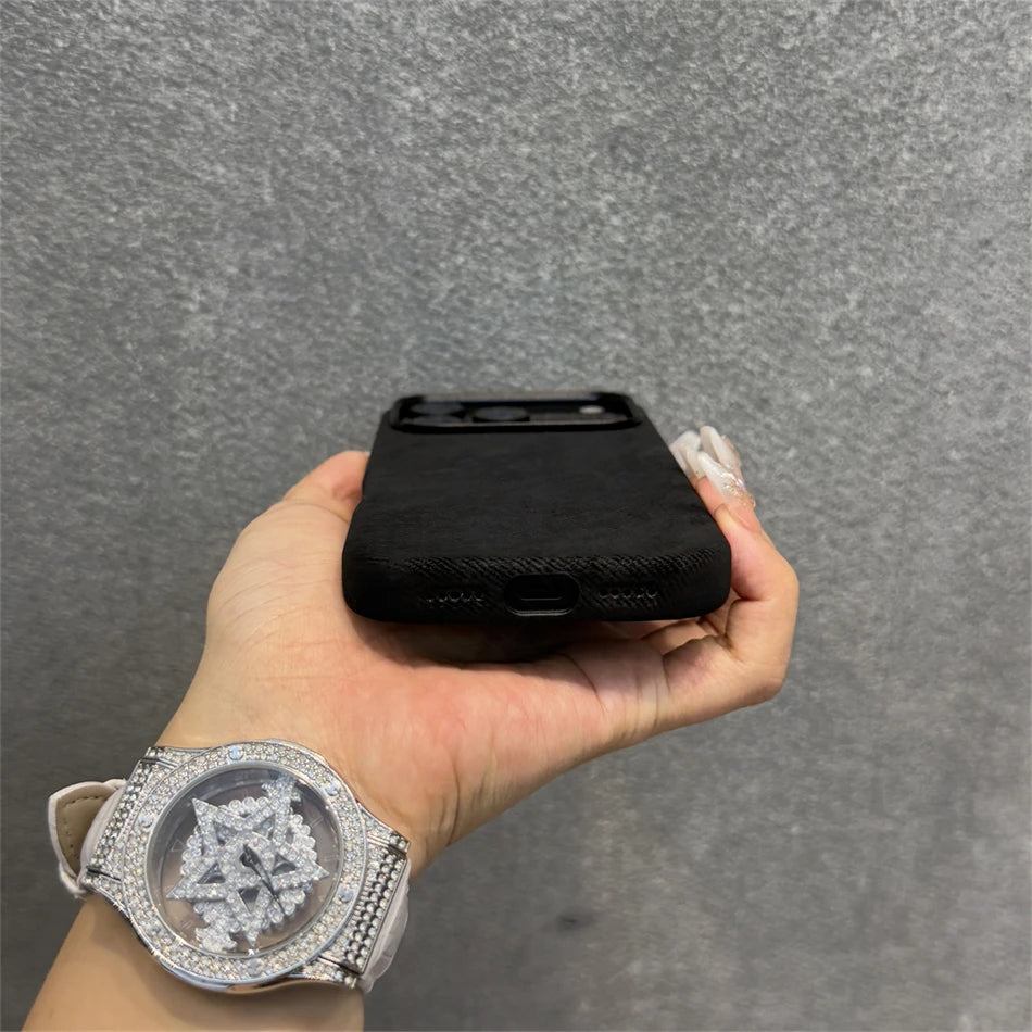 Luxury Alloy Len Frame Fiber Leather Magnetic Case For iPhone 17 16 Pro Max 15 14 13 12 For Magsafe Retro Shockproof Cover Funda