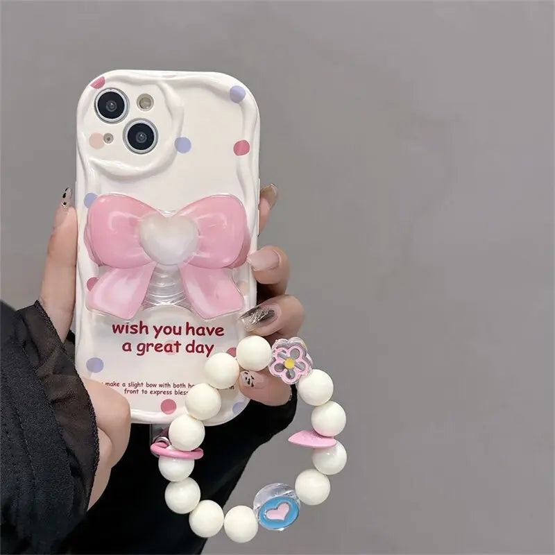 Flower Bow Chain Holder Phone Case For Samsung Galaxy S25 Ultra S24 S23 S22 S21 Ultra Plus S24 FE A55 A06 A35 A12 Casing Floral