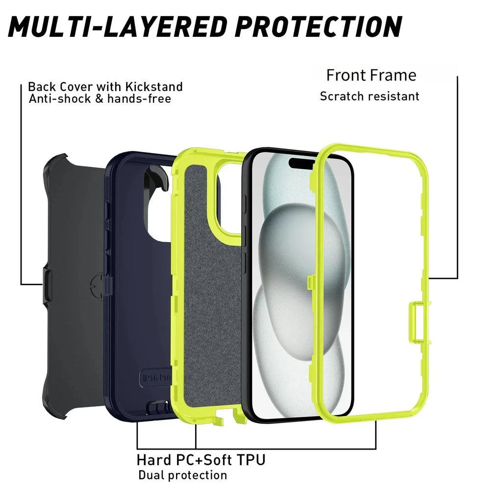 Ott Armor Box Shockproof Defender Case For IPhone 16/15/14/13/12/11 Pro Max - Hard Cover with Clip & Military-Grade Protection