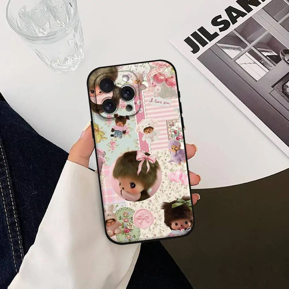 Cute M-monchichiS Kawai Phone Case For IPhone 1716 15 14 13 Pro Max 11 12 Mini X Xs XR Black Silicone Cover