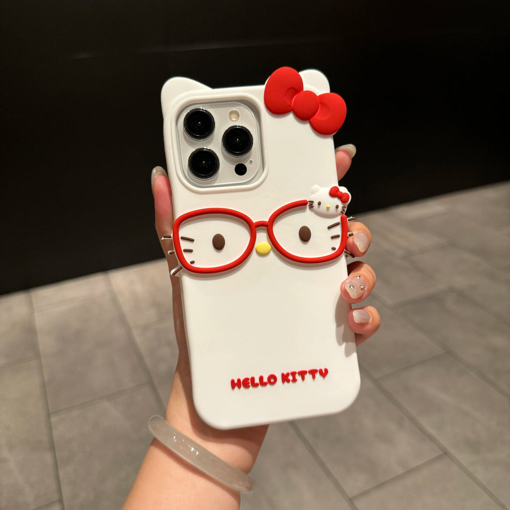 Sanrio 3D Cartoon Glasses Hello Kitty Phone Case For iPhone 17 16 15 14 11 13 12 Pro Max Cute Phone Case Soft Silicone Cover