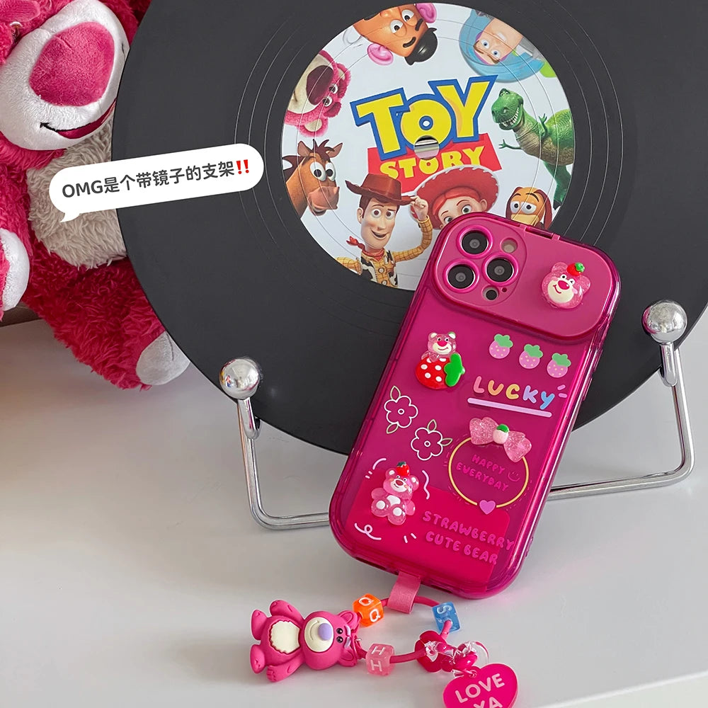 Cartoon 3D Doll Toy Story Alien Lotso Candy Color Mirror Stand Holder Phone Case For iPhone 7 8 11 12 13 14 15 16 17 Plus Pro