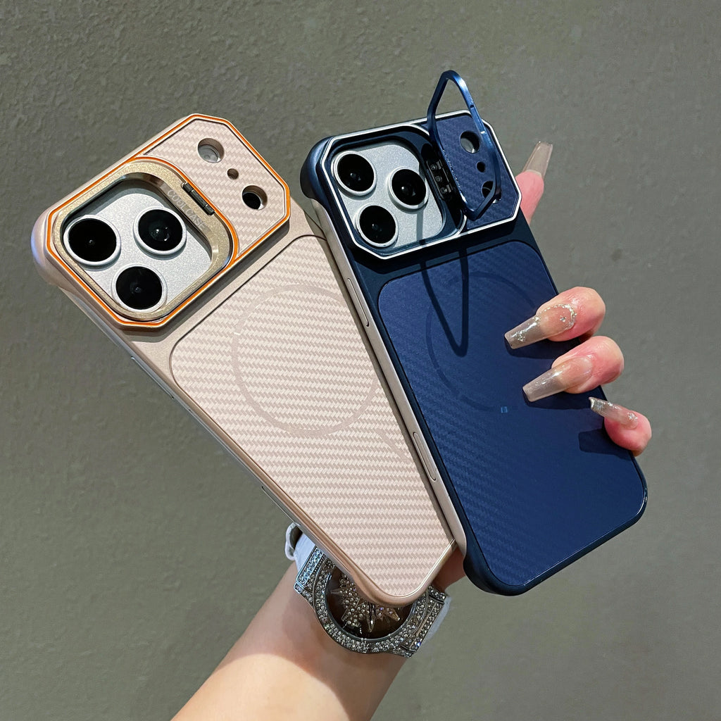 No Borders Lens Holder Phone Case For Magsafe For iPhone 13 14 15 16 17 Pro Max Carbon Fiber Texture PC Magnetic Phone Cover