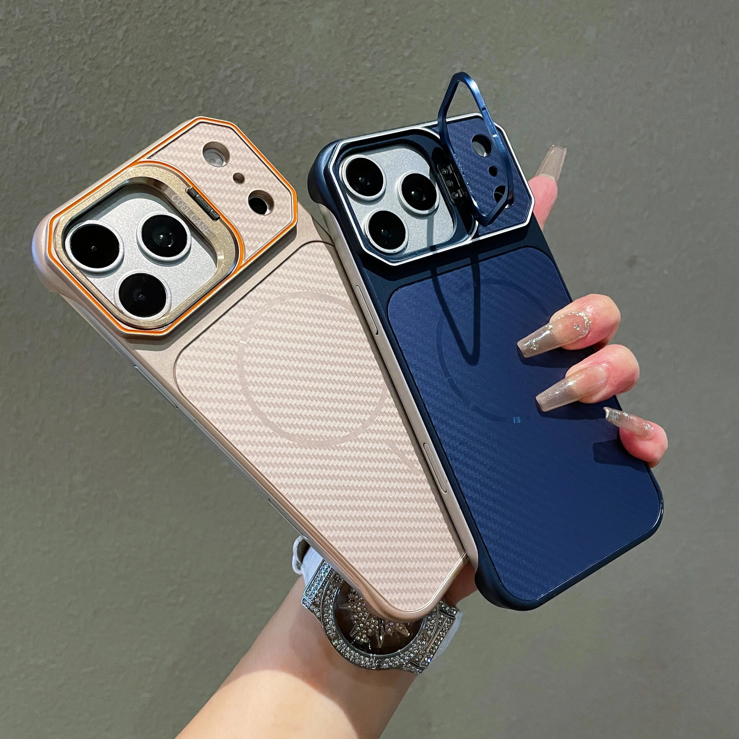 No Borders Lens Holder Phone Case For Magsafe For iPhone 13 14 15 16 17 Pro Max Carbon Fiber Texture PC Magnetic Phone Cover