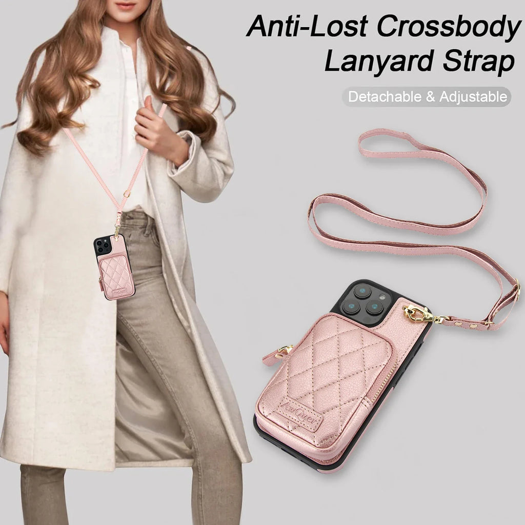 Zipper Cards Solt Leather Wallet Crossbody Lanyard Case For iPhone 16 Pro Max 14 15 13 12 11 14Plus Pocket Bag Hand Strap Cover