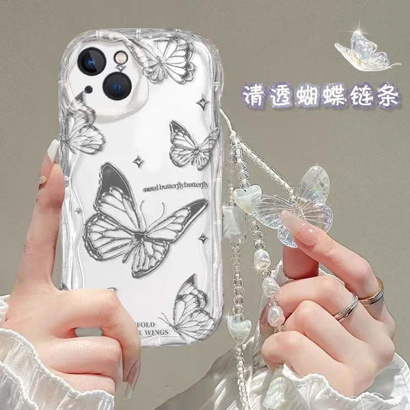 Korean Cute 3D Butterfly Bracelet Chain Phone Case For IPhone 15 16 17 Pro Max 14 11 13 12 Mini Plus 16E 17 Air Wavy Clear Cover