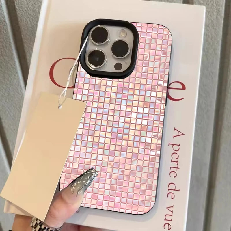 Shimmer Pink Iridescent Mosaic Grid Phone Case For iPhone 17 16 15 14 13 12 11 Pro Max Glitter Contrast Frame Cover For Ladies