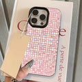 Shimmer Pink Iridescent Mosaic Grid Phone Case For iPhone 17 16 15 14 13 12 11 Pro Max Glitter Contrast Frame Cover For Ladies