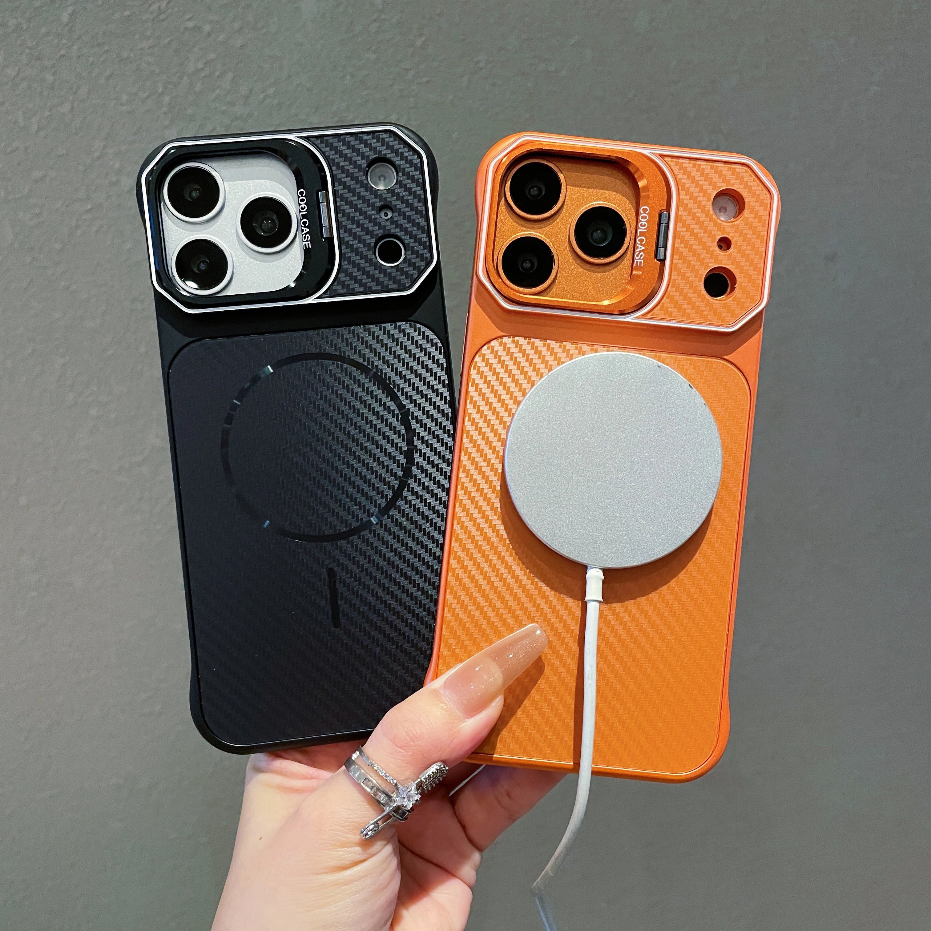 No Borders Lens Holder Phone Case For Magsafe For iPhone 13 14 15 16 17 Pro Max Carbon Fiber Texture PC Magnetic Phone Cover