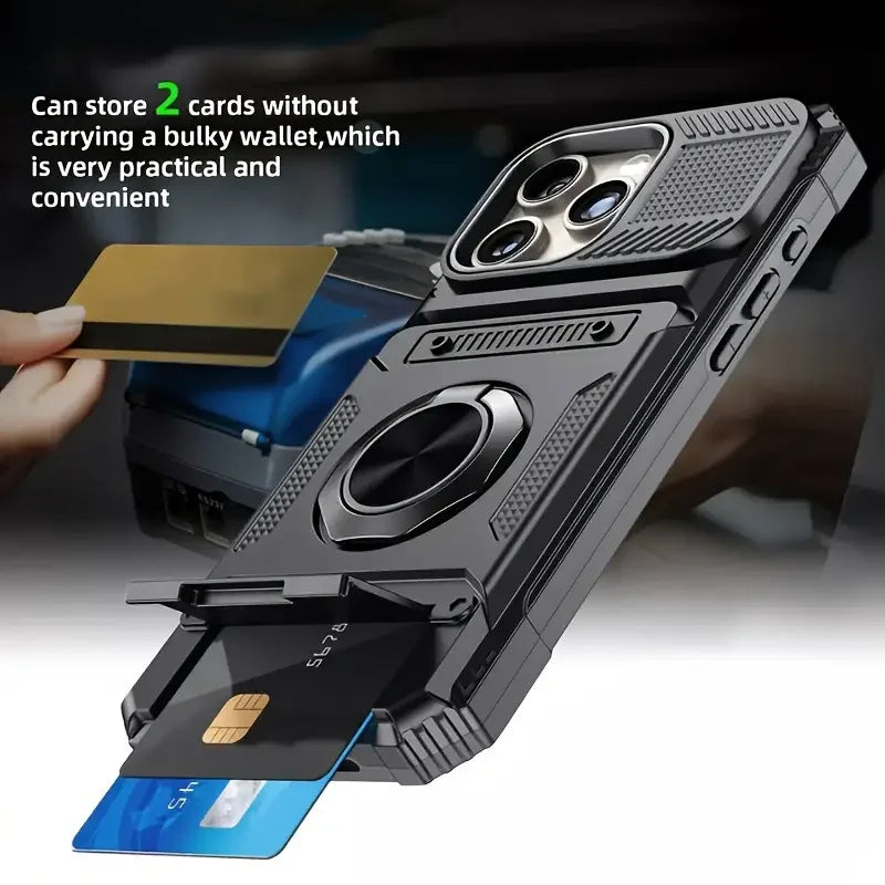 Heavy Duty Case For iPhone 17 16 15 14 13 Pro Max 11 Magnetic Rotated Ring Kickstand Protection Hidden Card Slots Wallet Cover