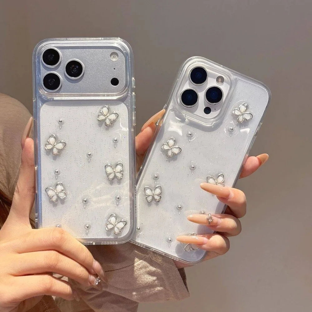 Luxury 3D Butterfly Bling Glitter Clear Phone Case For iPhone 17 16 15 14 13 12 11 Pro Max Soft Shockproof Protective Cover