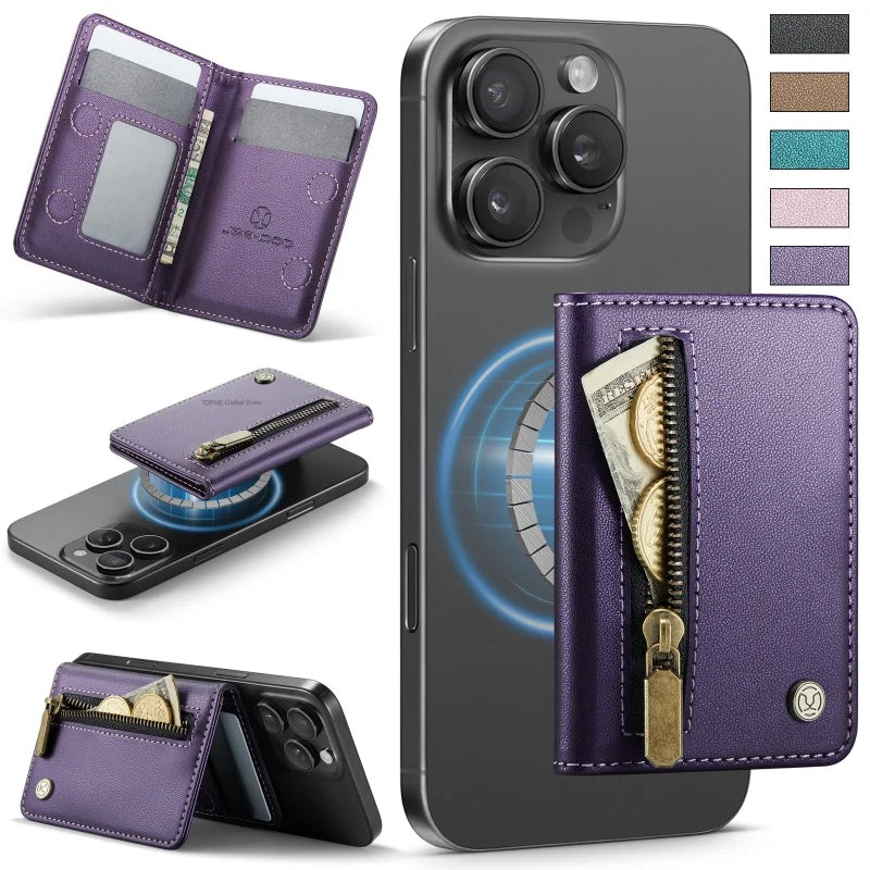 Luxury Magnetic Leather Zipper Wallet Card Phone Case For iPhone 17E 17 Pro Max Air 16 15 14 13 12 Flip Holder Bag Cover Coque
