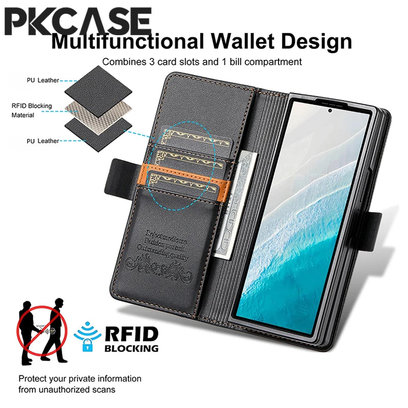 PKCASE Shockproof Wallet Flip Leather Phone Case For Samsung Z Fold 7 6 5 4 3 Card Slot Wallet Cover For Galaxy Z Flip 7 6 5 4 3