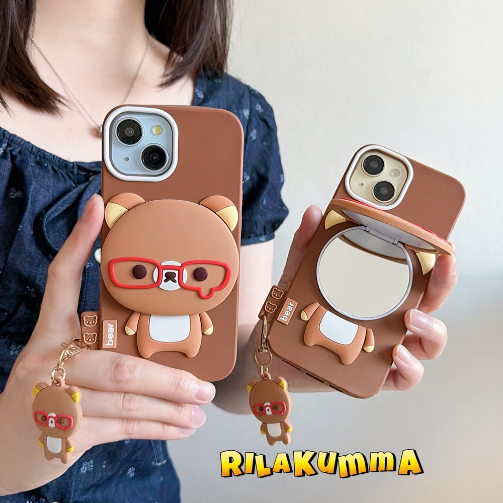 Rilakkuma Bear Hide Makeup Mirror Phone Case For iPhone 17 16 15 14 13 Pro Max 3D Cute Cartoon Soft Silicone Cover With Pendant