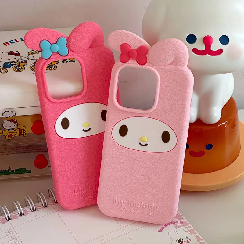 My Melody Cartoon 3D Bow Silicone Case for iPhone 17 Pro Max 16 15 Plus 14 Pro 13 Mini 12 11 7 8 Pink Soft Kawaii Anime Design