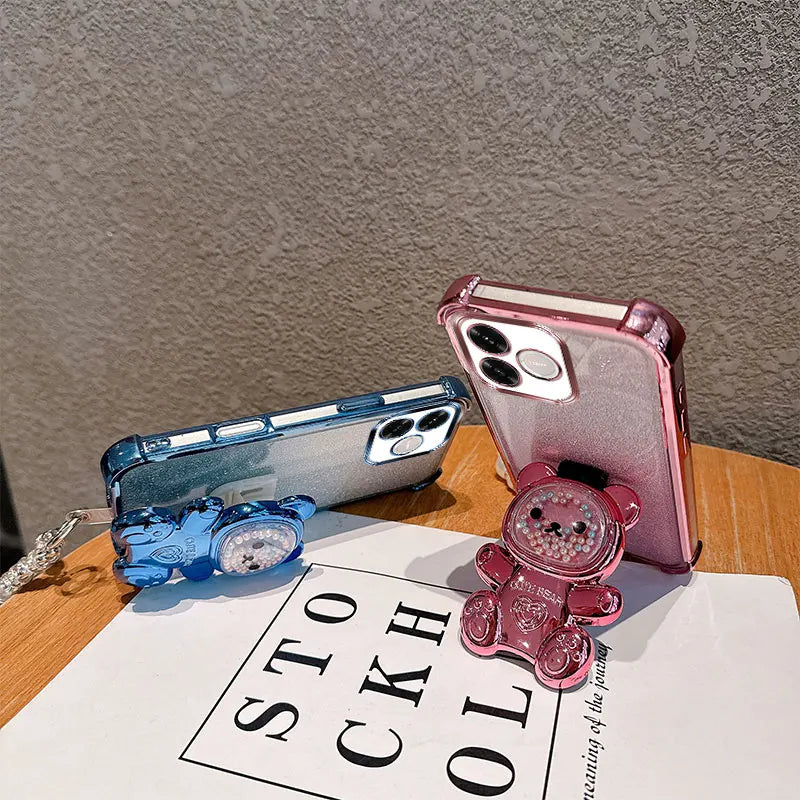 Cute Bear Cartoon Holder Pearl Lanyard Strap Shockproof Glitter Phone Case For Huawei Honor 600 Lite 600e 600lite 5G Back Cover
