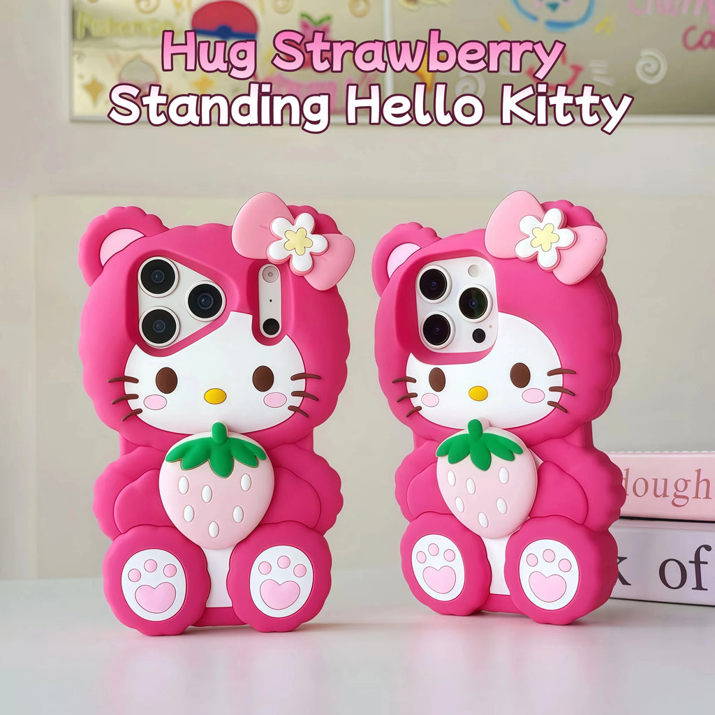 Cute 3D Hug Strawberry Hello Kitty Case For iPhone 15 14 13 16 17 Pro Max 16 Plus Standable Soft Silicone Shockproof Phone Cover