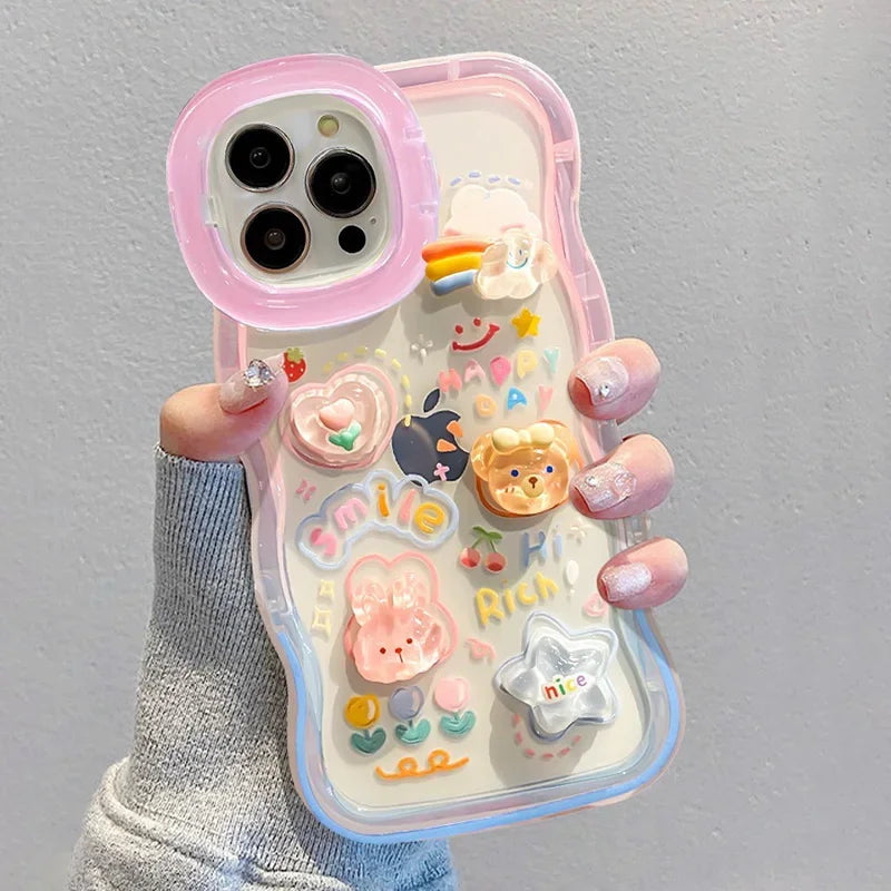 Cartoon 3D Bracket Phone Holder Case For iPhone 16 17 15 14 13 12 11 Pro Max Plus X XS XR Rainbow Love Heart Holder Stand Cover