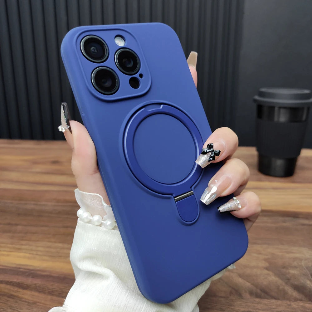 Liquid Silicone Magnet Stand Case for iPhone 16 Plus 15 14 13 12 Pro Max 11 For Magsafe Wireless Charge Protective Plain Cover